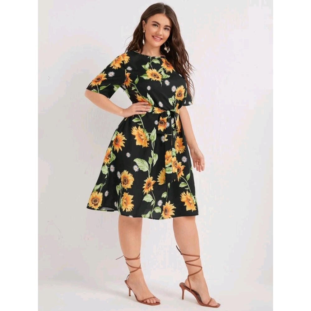 Plus Allover Floral Belted A-line Dress